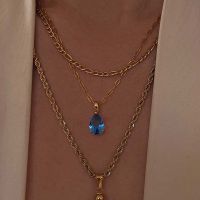 Fashion Simple Vintage 18k Gold Plated Titanium Steel Large Zircon Birthstone Necklace for Women Chains Jewelry Long Choker Gift