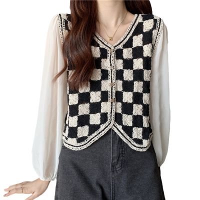 Stylish Patchwork เสื้อชีฟองสำหรับผู้หญิง Black &amp; White Checkerboard Shirt Retro Cardigan เสื้อแขนยาว Top
