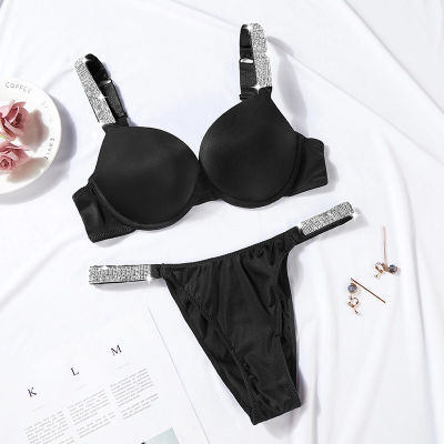 BORRUICE Letter Rhinestone Underwear Set Brand Design Sexy Lingerie Women Briefs Bra Sets Cross Shoulder Strap Beauty Back Bra