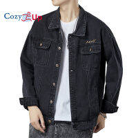 Cozy Up แจ็กเก็ตยีนส์ผู้ชาย,สีพื้นพอดีตัวกระเป๋าหน้าอกตกแต่งสบายๆ
