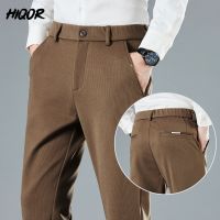 【CC】❁▲  HIQOR Man Pants New Business Straight Mens Corduroy Elastic Waist Thick Gray Trousers for Men