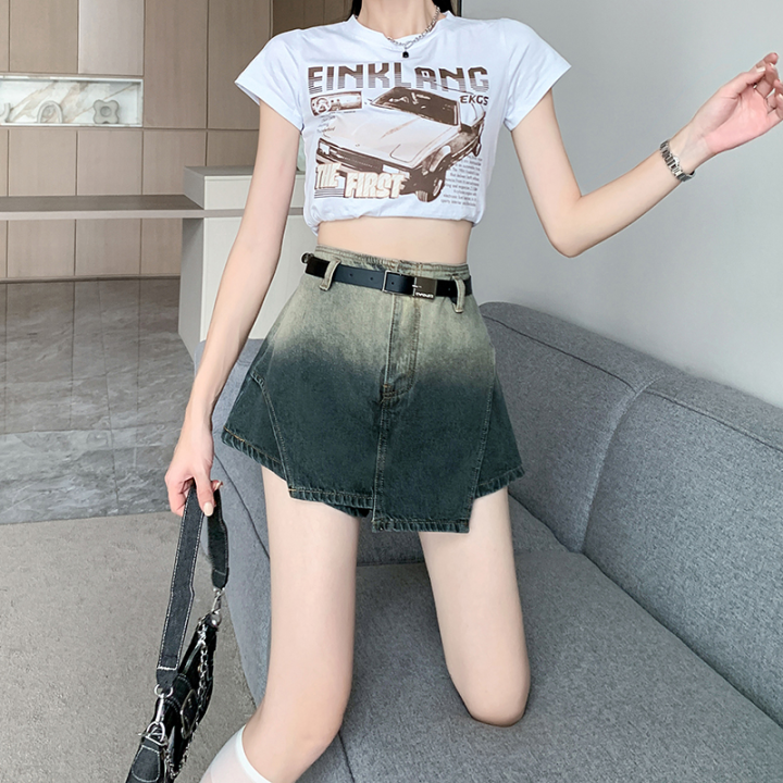 FluffyStudio Gradient high waist design sense A word denim skirt