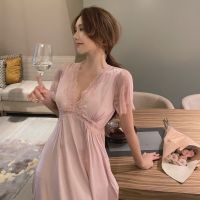 Court Style Lace Nightdress Womens Long Out Ladies Nightdress With Removable Breast Pad Short Sleeved Sleepwear