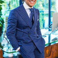 ฤดูร้อน Royal Blue Stripe ชายชุดสูทธุรกิจอย่างเป็นทางการชายคู่ชุดกว้าง Peaked Lapel Slim Fit เสื้อE