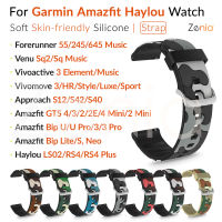 Zenia 20มม.ผิวสายนาฬิกาซิลิโคนสำหรับ Garmin Forerunner 55/245/645 Music Vivoactive 3 Element Vivomove HR/Style/Luxe/Sport Approach S12 S40 S42 D2 Air X10 Venu SQ SQ2 Haylou RS4 Plus LS02 Amazfit Bip U Pro Neo Lite S GTS 2 2E 4 Mini GTS3 GTS4 เครื่องประดับ