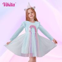 ZZOOI VIKITA Girls Sequined Princess Dress Rainbow Prom Dress For Kids Autumn Children Vestidos Long Sleeve Girls Dresses Casual Wear