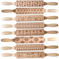 Wood Christmas Printing Rolling Pin Wooden Carvings Embossing Elk Snowflake Christmas Tree Snowman Rolling Pin Cookies Crafts Bread  Cake Cookie Acces