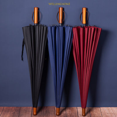 24K Wooden Long Handle Big Golf Umbrella Strong Rain Windproof Glassfiber Umbrellas