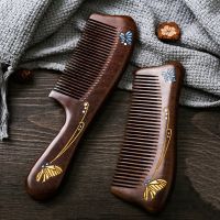 1Pcs Massage Combs Natural Gold Sandalwood Dense Tooth Butterfly Painted Wood Comb Head Massager Pocket Hair Comb Gift For Women