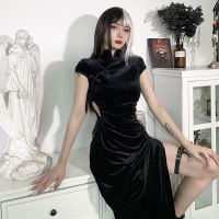 【CW】Dark Gothic Velvet Chinese Cheongsam Dresses Womens Black Bandage Slit Hem Bodycon Skirts Sexy Eve Qipao Dress 2022