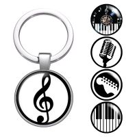 Music note Musical instruments glass cabochon keychain Bag Car key chain Ring Holder silver color keychains for Men Women Gifts Key Chains