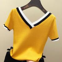 Yellow Tshirt Women Short Sleeve V Neck T Shirt Knitted Top Summer Fashion Simple Korean Tee