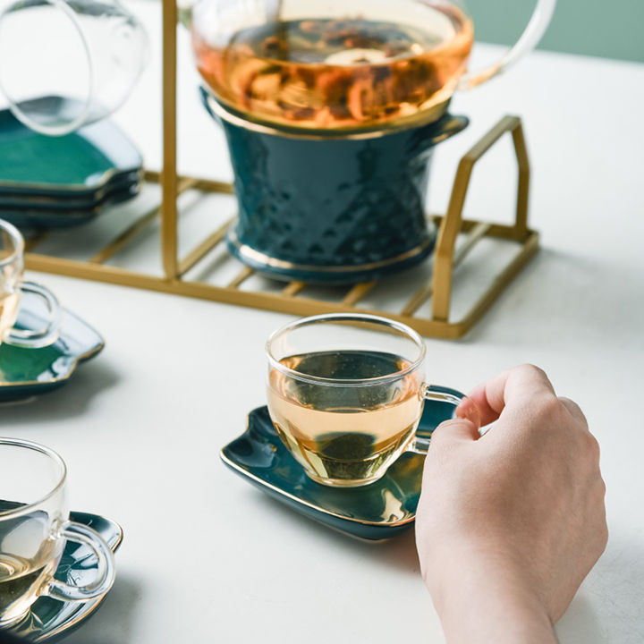 hot-premium-green-golden-glass-swan-teapot-with-strainer-and-holder-services-teaware-set-cup-and-saucer-water-flower-kettle