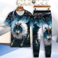 【Hot Sale】 printing casual suit summer mens short-sleeved trousers Chinese style T-shirt trendy cool hip-hop handsome