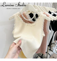 LAREINE เสื้อเชิ้ตสีพื้นเสื้อกล้ามคล้องคอถักของผู้หญิง,เสื้อ2023ฤดูร้อนขอบรูปตัวยู