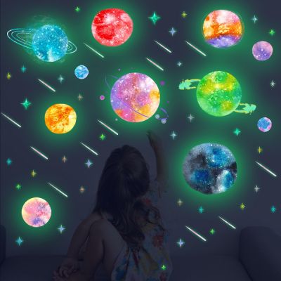 Luminous Colorful Planet Wall Stickers for Kids Rooms Bedroom Home Decoration Round Moon Stickers Glow in the Dark Wall Decals
