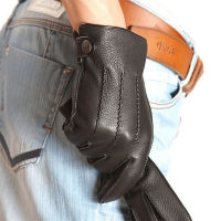 Fashion Luxury Men Deerskin Gloves Button Wrist Solid Genuine Leather Male Winter Driving Glove Free Shipping Em012wr