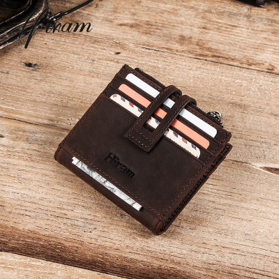 Hiram genuine crazy horse leather vintage short hasp card holder wallet for men small zipper male coin purses carteiras