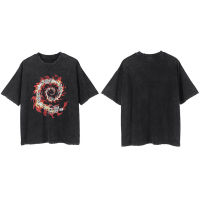 Men Hip Hop Streetwear T Shirt Fire Flame Paisley Skull Ripped Retro Vintage Washed T-shirt Harajuku  Cotton Tops Tees Black