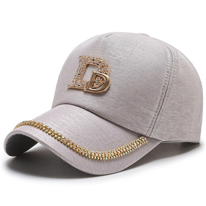 shiqinbaihuo-หมวกเบสบอลมีตัวอักษร-d-หมวกแก๊ปผ้าฝ้ายติดพลอยเทียมทันสมัยหมวกฮิปฮอปหมวกแก๊ปสำหรับผู้หญิงหมวกป้องกันรังสียูวี