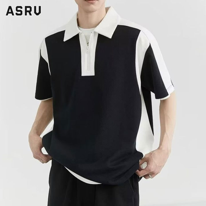 asrv-เสื้อโปโลผู้ชาย-polo-เสื้อคอปกผูชาย-เสื้อกีฬาคอปก-เสื้อยืดคอปก-เสื้อโปโลแขนสั้นมีซิปสีตัดกันลำลองสำหรับเสื้อยืดลาเพล