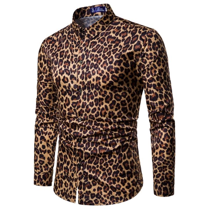 เสื้อแฟชั่นลายเสือดาวเซ็กซี่สำหรับผู้ชาย-เสื้อแฟชั่นไนท์คลับปาร์ตี้พรอมเสื้อเข้ารูปเสื้อฮาวายแขนยาว