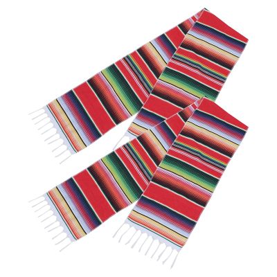 2 Pack 14 By 84 Inch Mexican Table Runner 14 x 84 Inch Mexican Party Wedding Decorations Fringe Cotton Serape Blanket Table Runner(Red