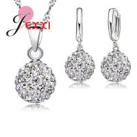 New 10 Color Jewelry Sets 925 Sterling Silver Austrian Crystal Pave Disco Ball Lever Back Earring Pendant Necklace Woman