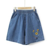 【มีไซส์ใหญ่】Plus Size Womens 2XL-5XL Elastic Waist Floral Embroidery Summer Shorts Casual Straight Leg Female Denim Shorts