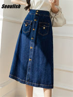 Seoulish 2022 New Single Breasted Womens Denim Midi Skirt High Wasit Blue Jeans Skirts Female Straight A-Line Skirt Pockets