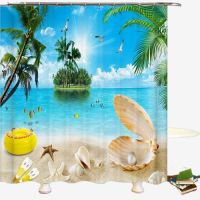 stockNEW▤Nature Landscape Shower Curtain 3D Dolphin Shell Beach Scenery Bathroom Curtain Home Decor