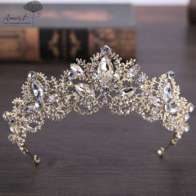 Amart ใหม่ Handmade Vintage Baroque Crown Gold Plated Pearls Tiara สำหรับเจ้าสาว Headpiece Queen ดอกไม้ Crowns อุปกรณ์เสริมผม