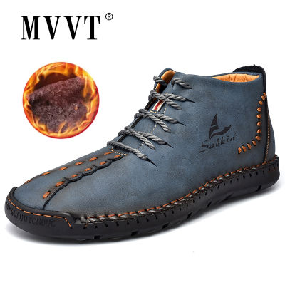 Hand-stitching Winter Men Boots Leather Patent Tooling Ankle Boots Blue Outdoor Autumn Hombres Botas Men Casual Leather Shoes