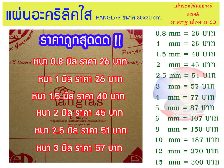 แผ่นอะคริลิคใส PANG GLAS  ขนาด 30x30cm มีความหนาให้เลือก 0.8 มิล - 5 มิล