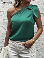 2022 Summer Fashion Solid Skew Collar Blouses Shirts y One Shoulder Bowknot Pullover Tops Lady Spring Elegnat Backless Blusa