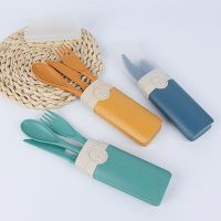 Portable Reusable Spoon Fork Travel Picnic Wheat Straw Tableware Cutlery Set With Carrying Box For Student Office Flatware Sets