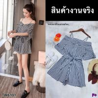 Chompoo Fashions ชุดจัมพ์สูท จั้มสูทสายเดี่ยวปาดไห่ลลายสก๊อต สีดำ