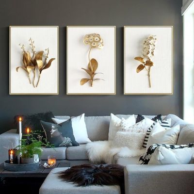 Art Golden Leaves Flowers White Flowers Gold Tulip Decorative Paintings Modern Bedroom Hanging Paintings Canvas Wall Art