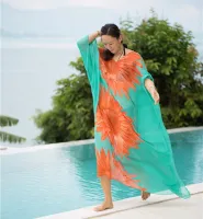 --D0512 Chiffon on green large sunflower printing beach bikini smock smock robes on holiday is prevented bask in unlined upper garment