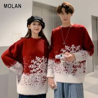 MOLAN เสื้อกันหนาวผู้ชายแขนยาวเสื้อกันหนาวลายเกล็ดหิมะคริสต์มาสแบบหนาสำหรับผู้ชายเสื้อยืดกันหนาวคอกลมแบบหลวมๆเสื้อกันหนาวสีแดงไฟมาก