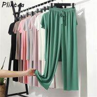 Pliktea Summer Loose Homewear Suit for Women Pajamas Pants Set Female Home Clothes Set Lady Home Suit Summer Women Lounge Wear