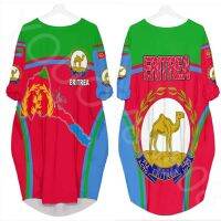 Womens Spring Africa Zone Clothing - Street Crew Neck Long Sleeve Eritrea Active Flag Batwing Pocket Dress