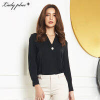 Lady Plus เสื้อชีฟองคอวีแต่งกระดุม | Chiffon Blouse with V-Neck เสื้อทำงาน เสื้อแขนยาว สีดำ