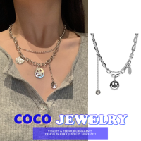 COCOJEWELRY สร้อยคอจี้หน้ายิ้มคู่บุคลิกภาพฮิปฮอปสำหรับผู้หญิงสาวอารมณ์เสื้อกันหนาวเครื่องประดับคอโซ่