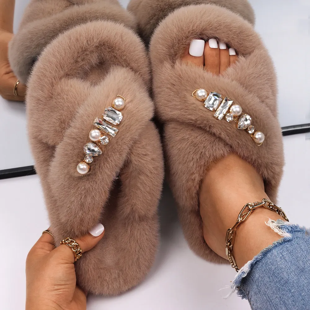 Luxury Designer Slippers Women Fluffy Flip Faux Fur Slides Rhinestone Pearl Platform Sandals Winter Furry | Lazada