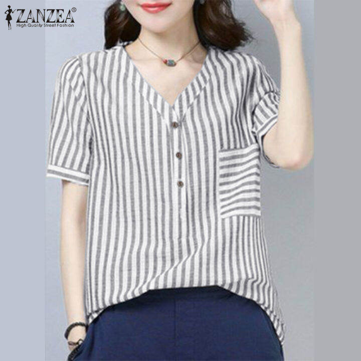 สินค้ามาใหม่-จัดส่งฟรี-fancystyle-zanzea-เสื้อกระดุมวินเทจด้านหน้าของผู้หญิงหลวมพิมพ์ลายทางเสื้อคอวี-8