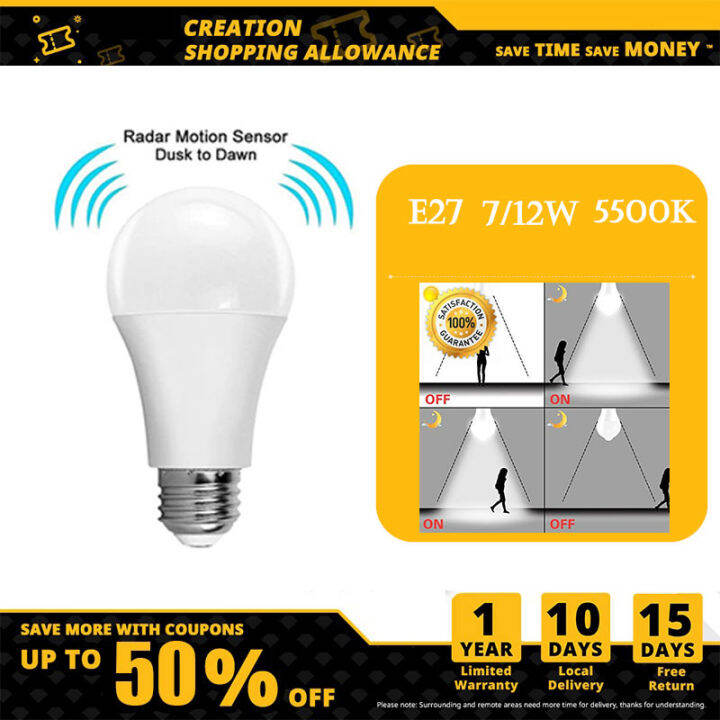 Motion Sensor Light Bulb 7W/12W Smart Bulb Radar LED Night Lights E27
