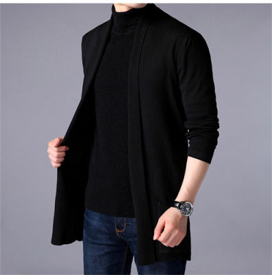 Men Long Style Wool Sweater X-Long Knit Sweater Jackets Solid Color Sweatercoat Mens Knit Cardigan