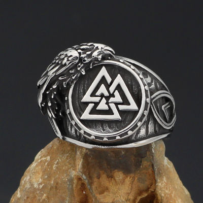 นอร์ดิกไวกิ้ง Odin สัญลักษณ์ Valknut กาพระเครื่องแหวนสแตนเลสที่มีถุงของขวัญ Valknut