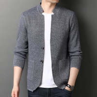 ZZOOI Knit Sweater Cardigan Jacket Suit Collar Spring and Autumn Solid Color Buttons Casual Business Long-sleeved Loose Sweater Men